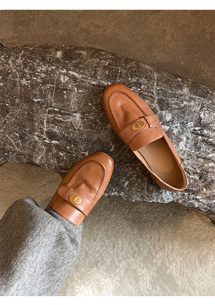 Giày loafer nữ da bò mũi sâu gót vuông thấp phong cách Anh Quốc — màu nâu chi tiết 17