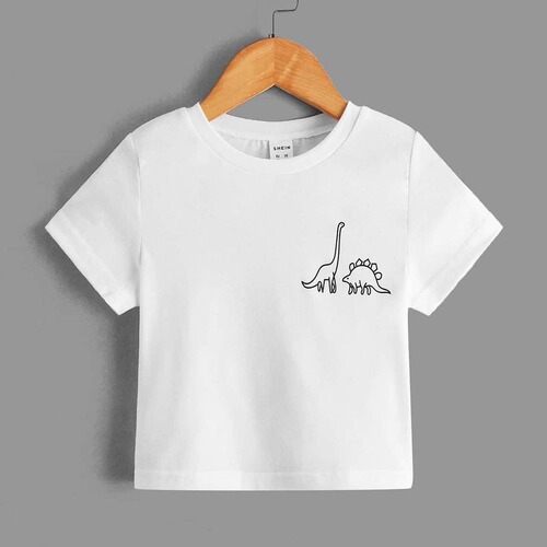 欧美男女童春夏新款短袖上衣卡通恐龙印花图案休闲运动T恤亚马逊