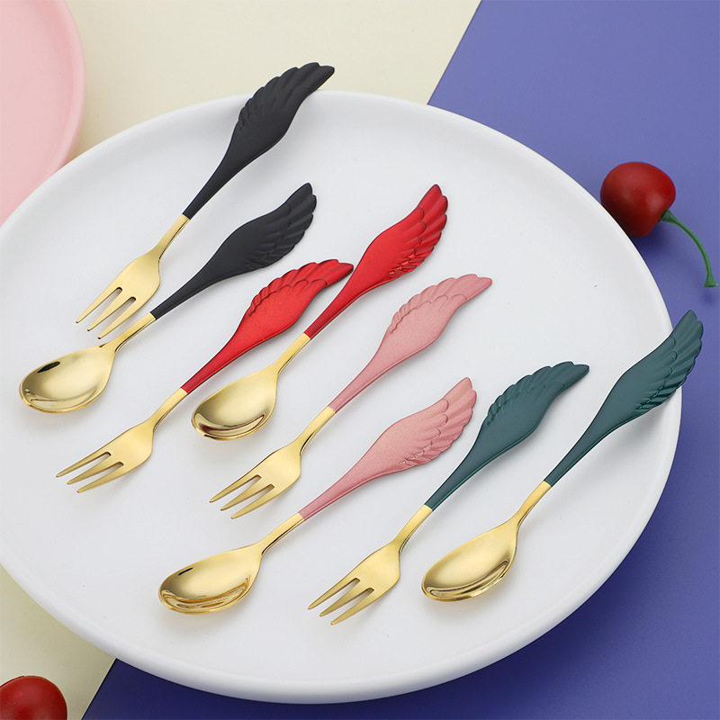 304 de acero inoxidable vajilla alas creativas mango cuchara Tenedor Restaurante Hotel postre cuchara de café logotipo imprimible