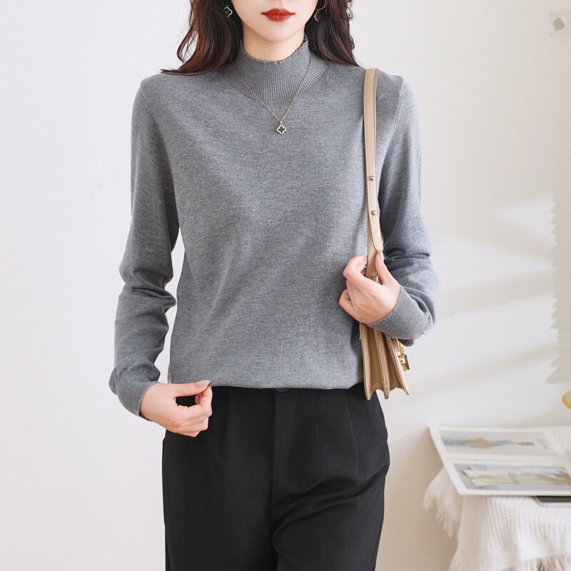 2024 Loose plus size Wool Top Women's Long-sleeved Women's Autumn and Winter Base Shirt Mid-neck Sweater Inner Knit Sweater