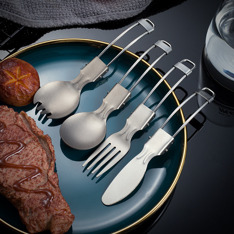 New titanium portable tableware suit mountaineering camping folding knife, fork and spoon chopsticks straw cross-border e-commerce purchasing