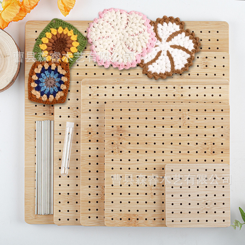 in stock bamboo wool knitting board square DIY crochet fixer with styling needle wool hole crochet board