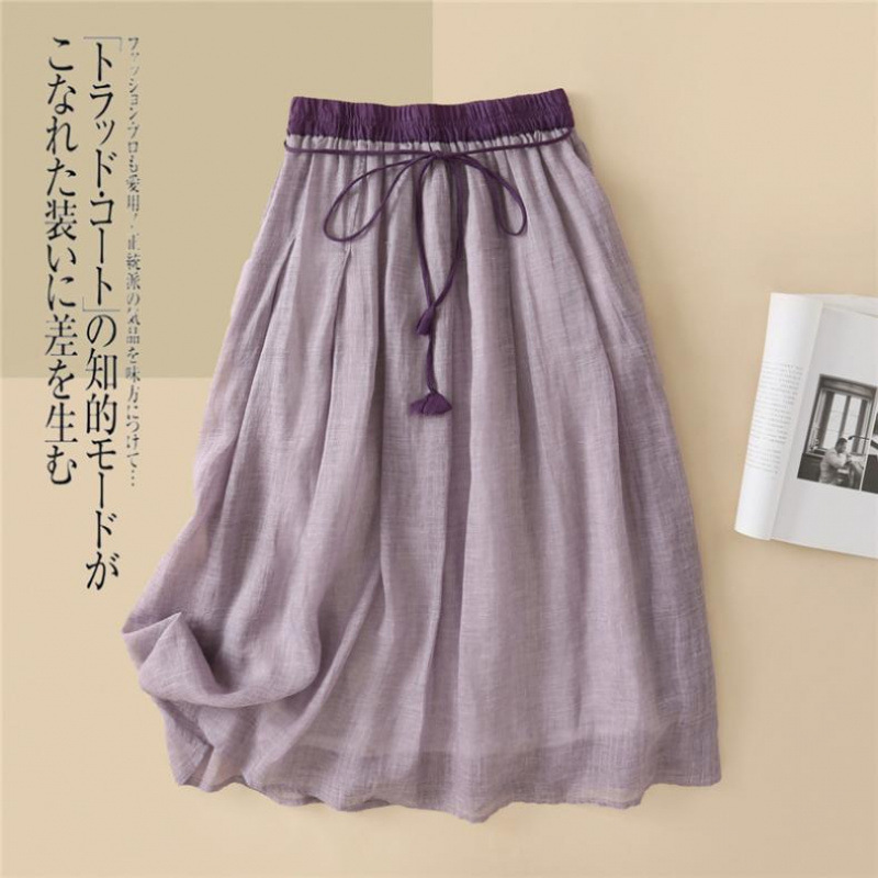 Ready Stock High-Waisted High-Waisted Skirt for Women in Spring and Autum New Retro Elegant Cotton and Linen Versatile Mid-Length Skirt