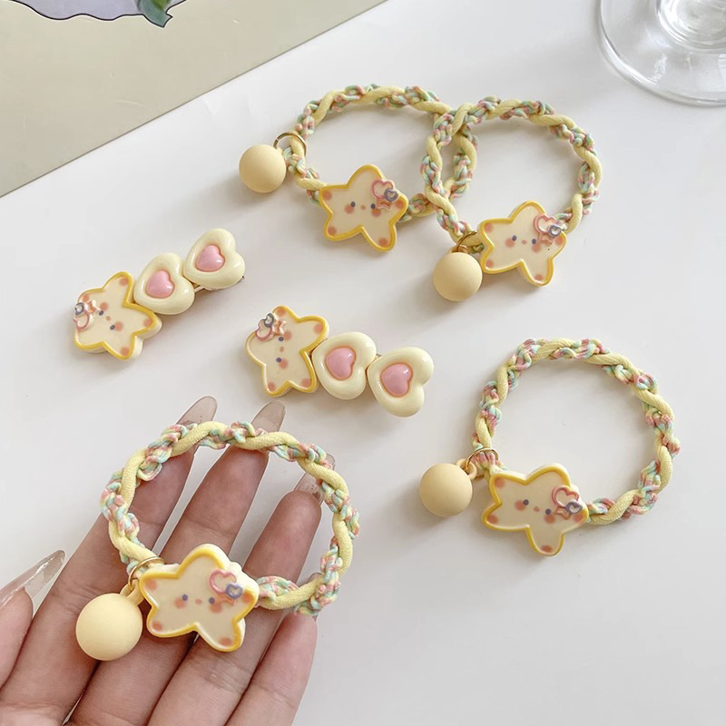 Linda cuerda de pelo de estrella de cinco puntas amarilla frente femenina flechazos pelo roto clip de pico de pato tocado banda de goma duradera elástica alta