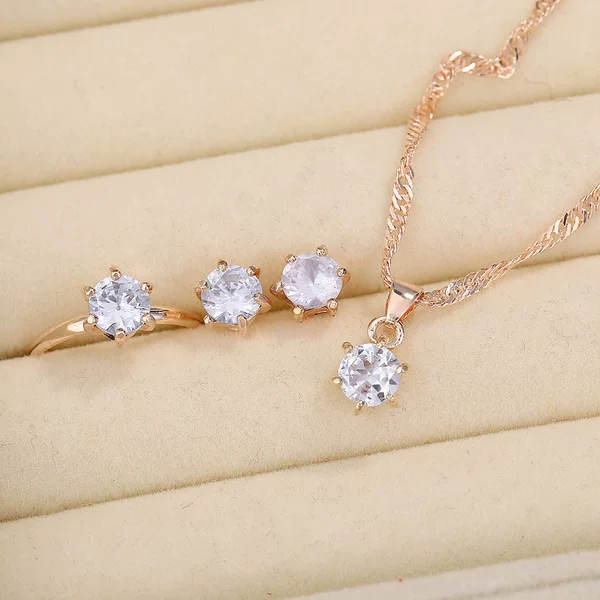 Amazon's Best-Selling Geometric Round Six-Claw Zircon Jewelry, Fashionable and Versatile Full Diamond Necklace, Ring, and Earrings Three-Piece Set