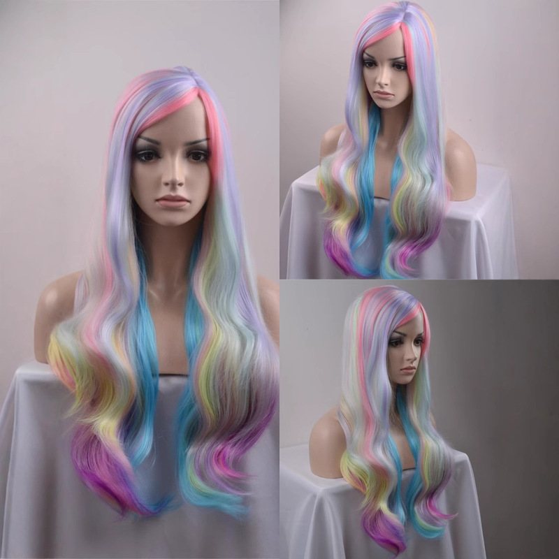 Girls' Medium-Parted Wig, Long Curly Hair, Fluffy Big Waves, Face-Shaping High-Temperature Silk Wig, Colorfulful Seven-Colorful Wig