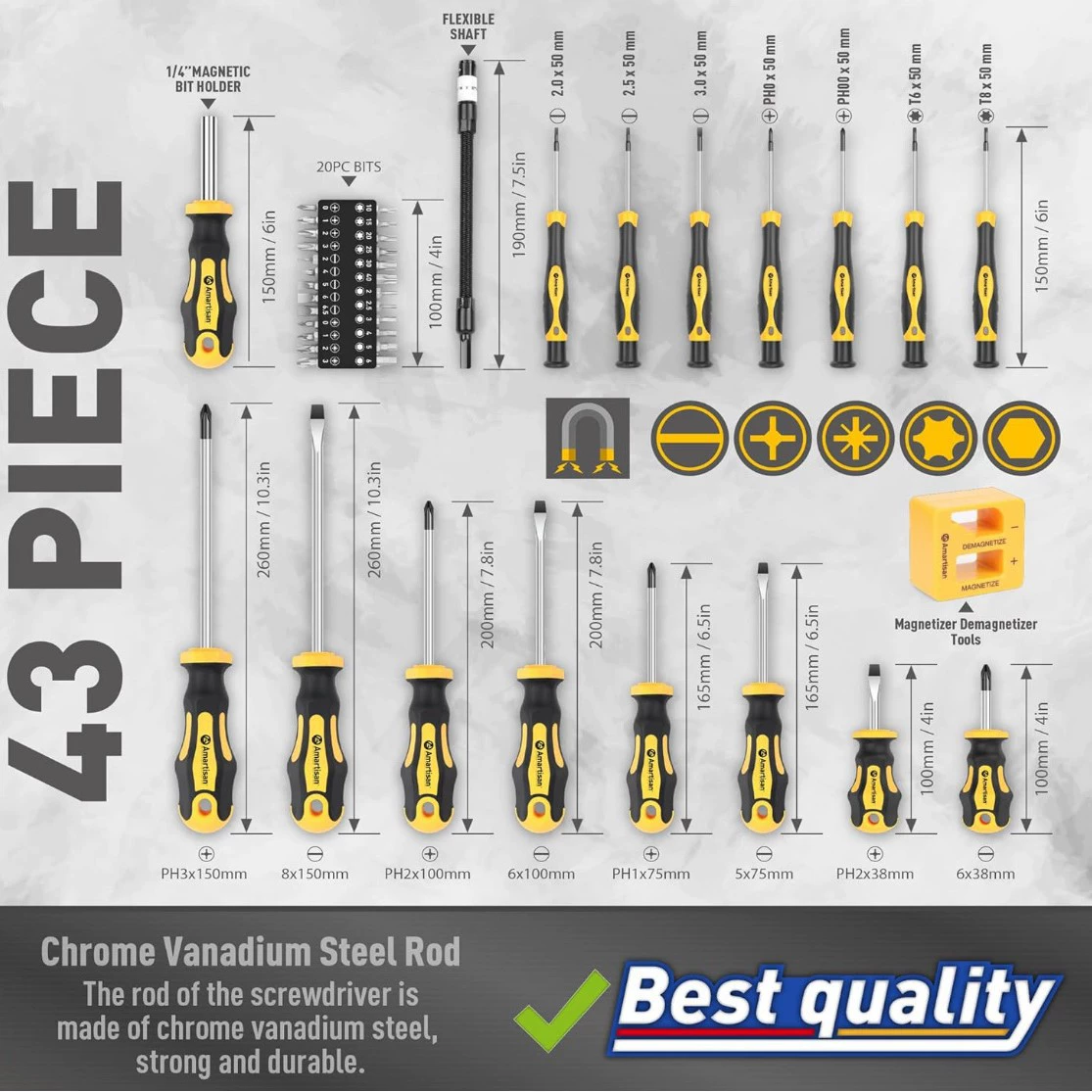 Professional handheld magnetic screwdriver, set, 43 pieces