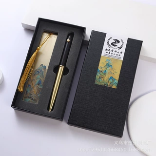 公司商务礼品套装实用伴手礼黄铜书签檀木国潮手绘千里江山礼盒装