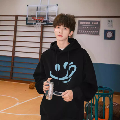 250g Heavyweight Smiling Print Hooded Fleece Sweatshirt for Men Autumn American Style Boy with Hat Outerwear