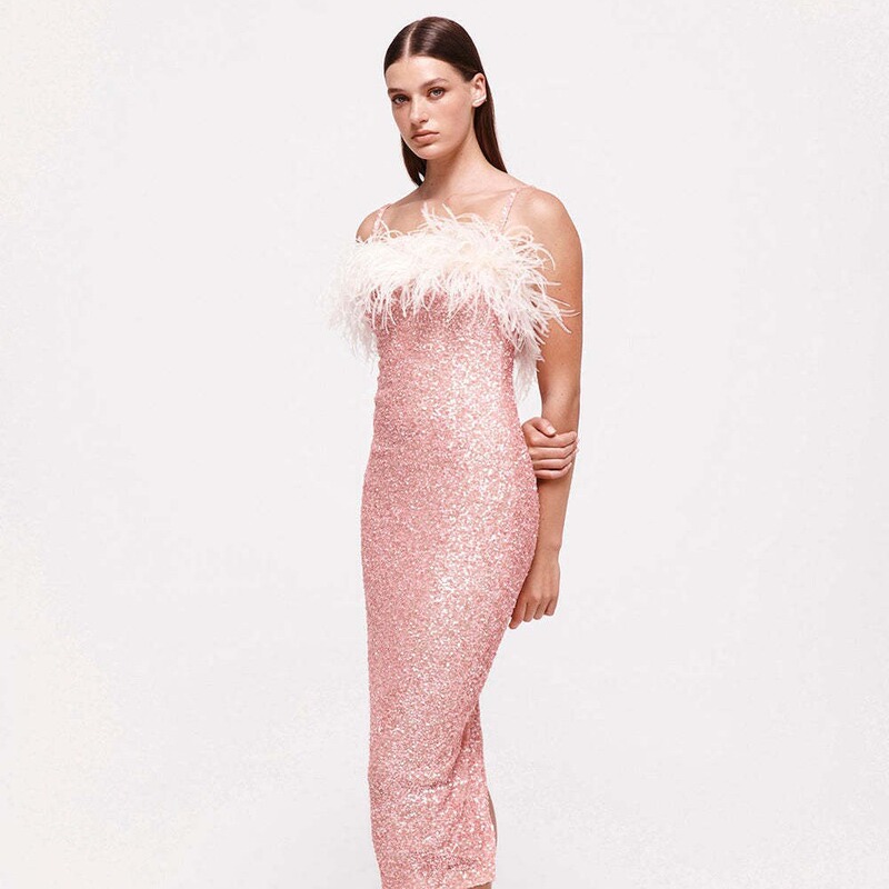 European and American cross-border new sexy feather sequined pink sling dress high-grade evening dress banquet dress