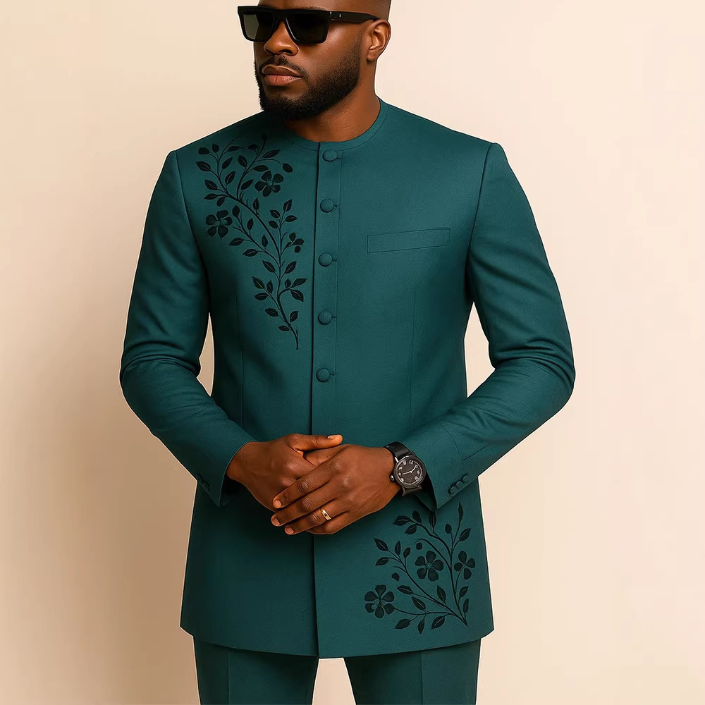 Traje de boda tradicional africano para hombre, conjunto de 2 piezas, cuello redondo, manga larga, top y pantalones, comercio exterior