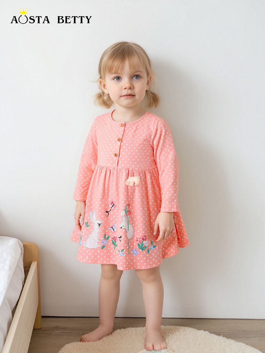 AostaBetty otoño nuevo vestido de niña estilo europeo y americano vestido de princesa para niños de moda vestido de niños bordado de dibujos animados