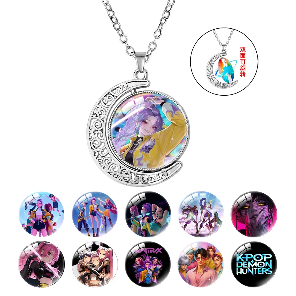 European and American Fashion Crescent Gemstone Necklace Kpop Hunter Girl Group Double-Sided Rotatable Pendant High-End Couple Accessories