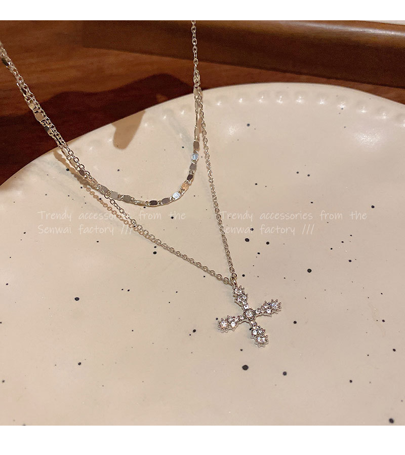 rhinestone cross double-layer necklace for women light luxury minority design hot girl clavicle chain trendy cool personality new ornament undefined