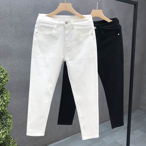 Black pure denim jeans for men trendy slim fit ankle-length nine-hole pants for men stylish young white casual pants