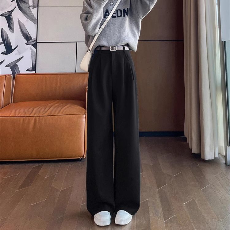 杏色西装阔腿裤女2025秋冬加绒加厚高腰感垂感直筒休闲裤子女|undefined
