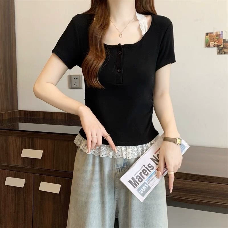 Приталенная футболка с коротким рукавом, кружевной низ, one size (женская)