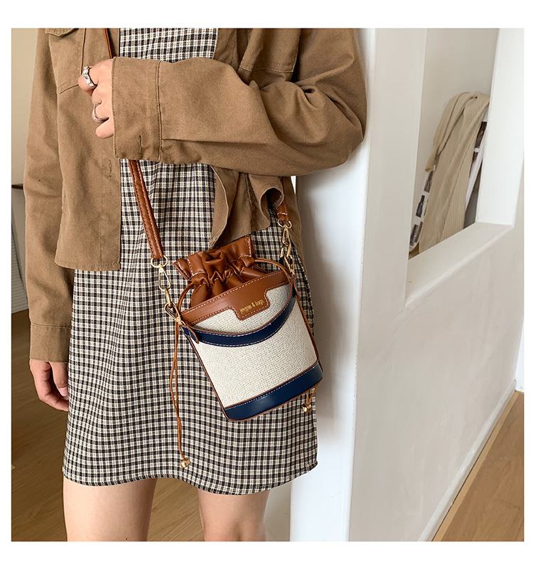 Single Shoulder Strap Strap Type Women's Medium Pu Leather Color Block Streetwear Sewing Thread Bucket String Bucket Bag