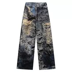 AC Style 25SS 3D Digital Print Direct Injection Distressed Ripped Pants Wide Leg Baggy Kanye Jeans for Men and Women