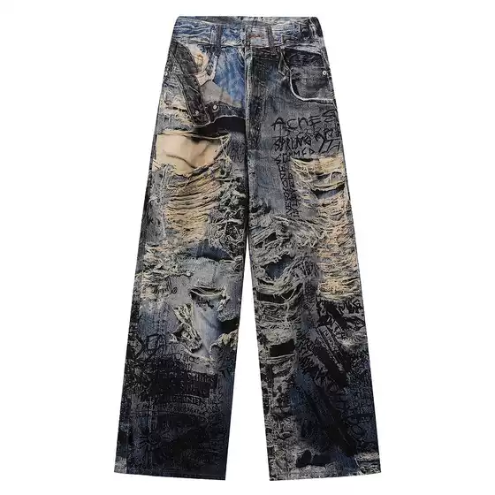 AC Style 25SS 3D Digital Print Direct Injection Distressed Ripped Pants Wide Leg Baggy Kanye Jeans for Men and Women