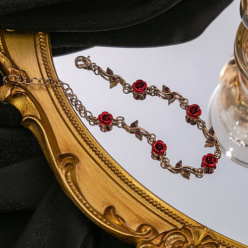 French-style Mori Girl Rose Earrings, Vintage Romantic Red Flower Bracelet, and Niche Designer Necklace Set