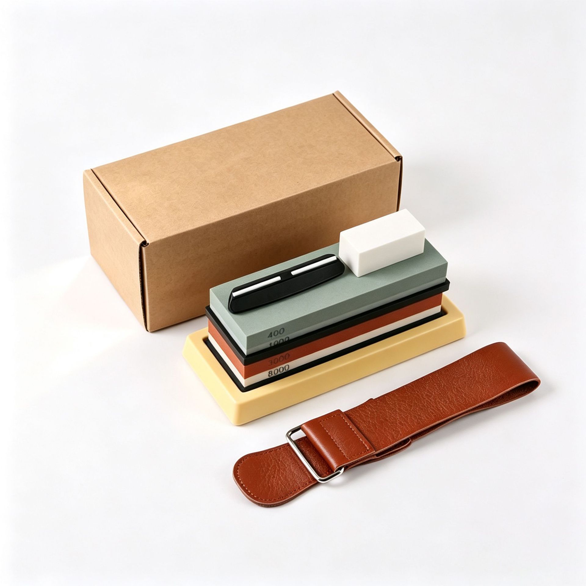 Set: 400/1000 green carbon + 3000/8000 red and white + [plastic base] + positioner + correction stone + belt