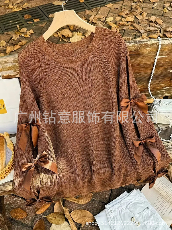 欧美跨境外贸新款女士优雅蝴蝶结装饰毛衣圆领长袖宽松套头衫|undefined