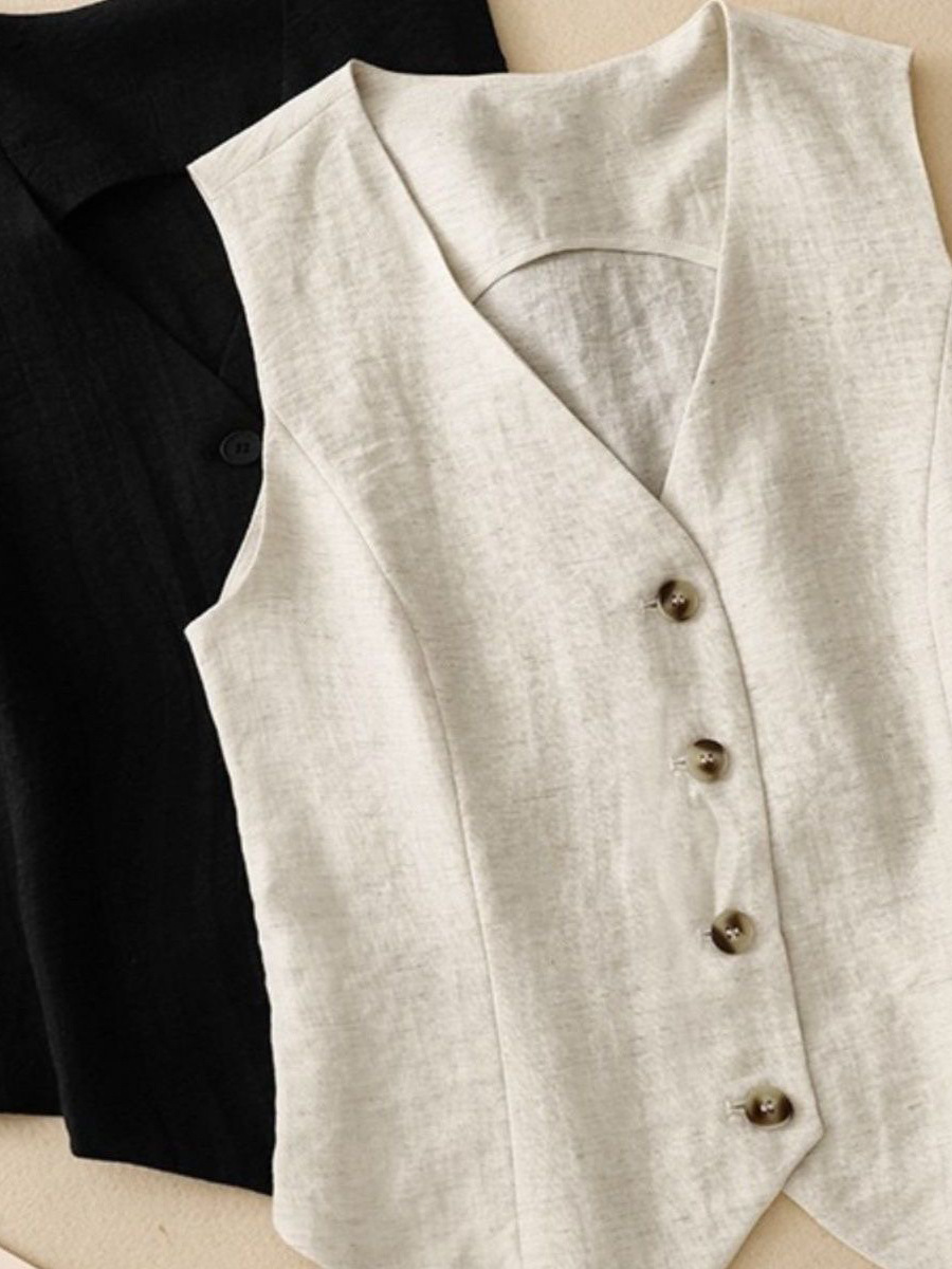 European Linen Suit Vest Women's Summer French Retro Thin Outer Short Sleeveless Waistoutwear Jacket Top