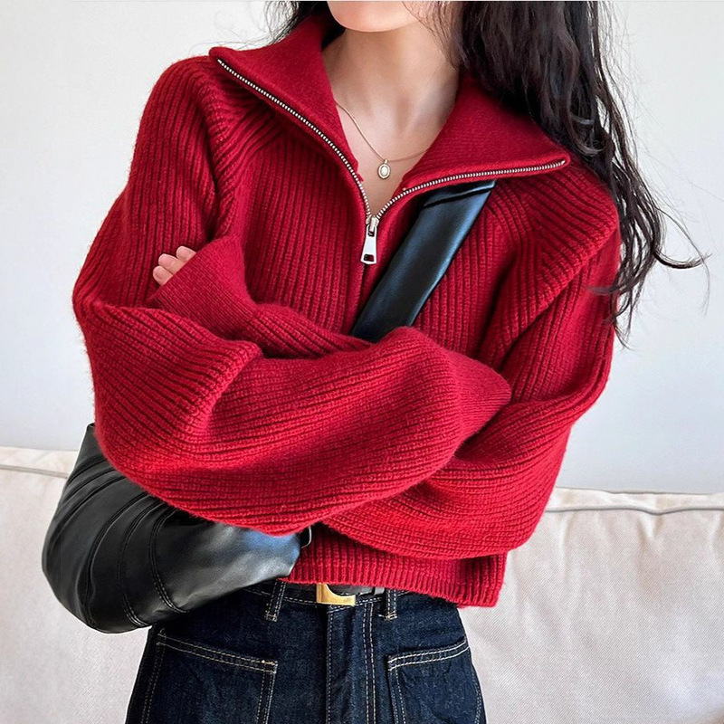 Designed with a Sense of Style, Half-High Collar Zippered Red Knit Sweater for Women, Short Style, 2026 Spring and Autumn New High-Waisted Loose Casual Sweater Designed with a Sense of Style, Half-High Collar Zippered Red Knit Sweater for Women, Short Style, 2026 Spring and Autumn New High-Waisted Loose Casual Sweater