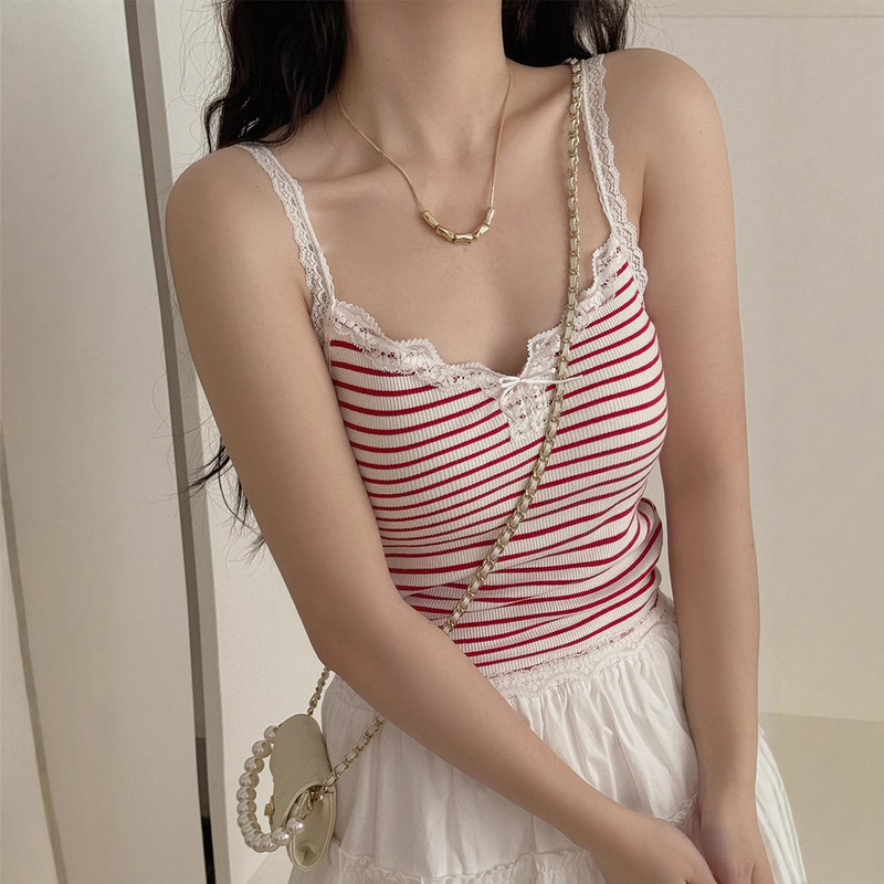 New Korean Style Hong Kong Style Striped Bow Beautiful Back Camisole Lace Outer Wear Simple High Elastic Top for Women