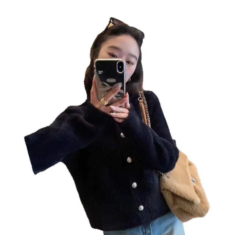 韩版仿水貂绒宽松设计感法式甜美毛衣女2025秋冬新款针织开衫外套|undefined
