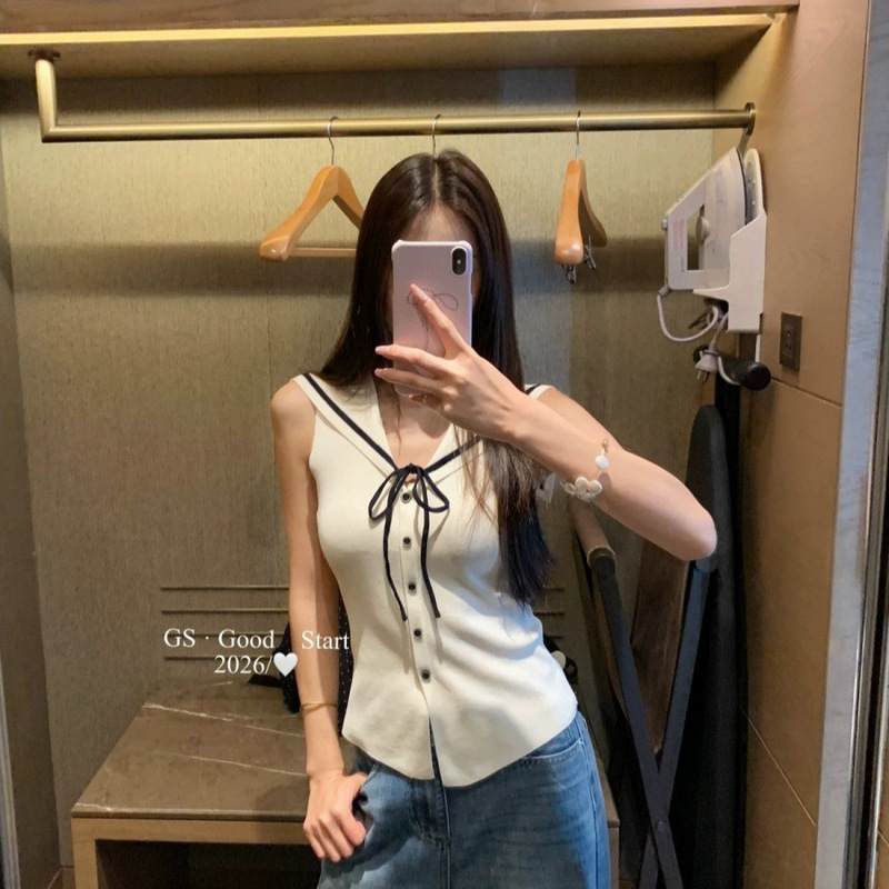 Navy Collar Bow Tie Summer 2026 New Korean Style Elegant Pure Desire Lapel Buttoned Knitted Vest for Women