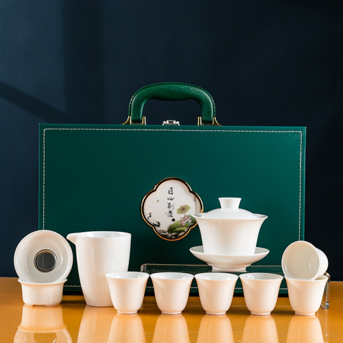 Dehua White Porcelain Lamb Fat Jade Entire Gongfu Tea Set, Simple and Luxurious White Porcelain, Company Activity Business Gift