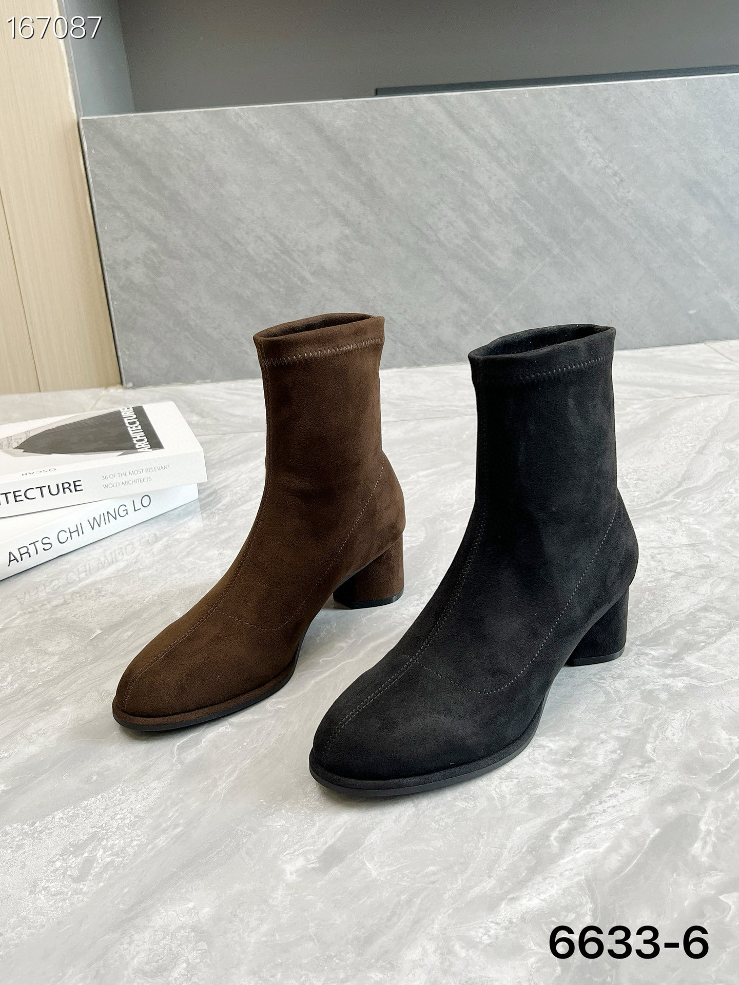 Boot cổ thấp nữ mũi nhọn gót thô cao 6 cm đế xuồng co giãn ôm chân — Màu nâu, Màu đen chi tiết 8