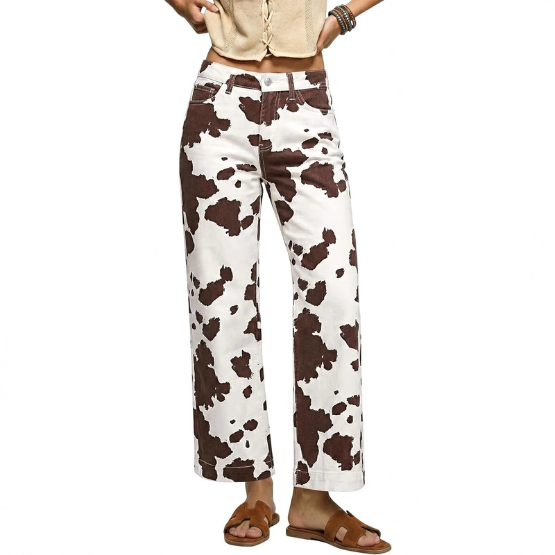 Amazon Cross-Border European and American Style New High-Waisted Slim-Fit 3D Printed Retro Milk-Pattern Women's Straight-Leg Jeans Amazon Cross-Border European and American Style New High-Waisted Slim-Fit 3D Printed Retro Milk-Pattern Women's Straight-Leg Jeans