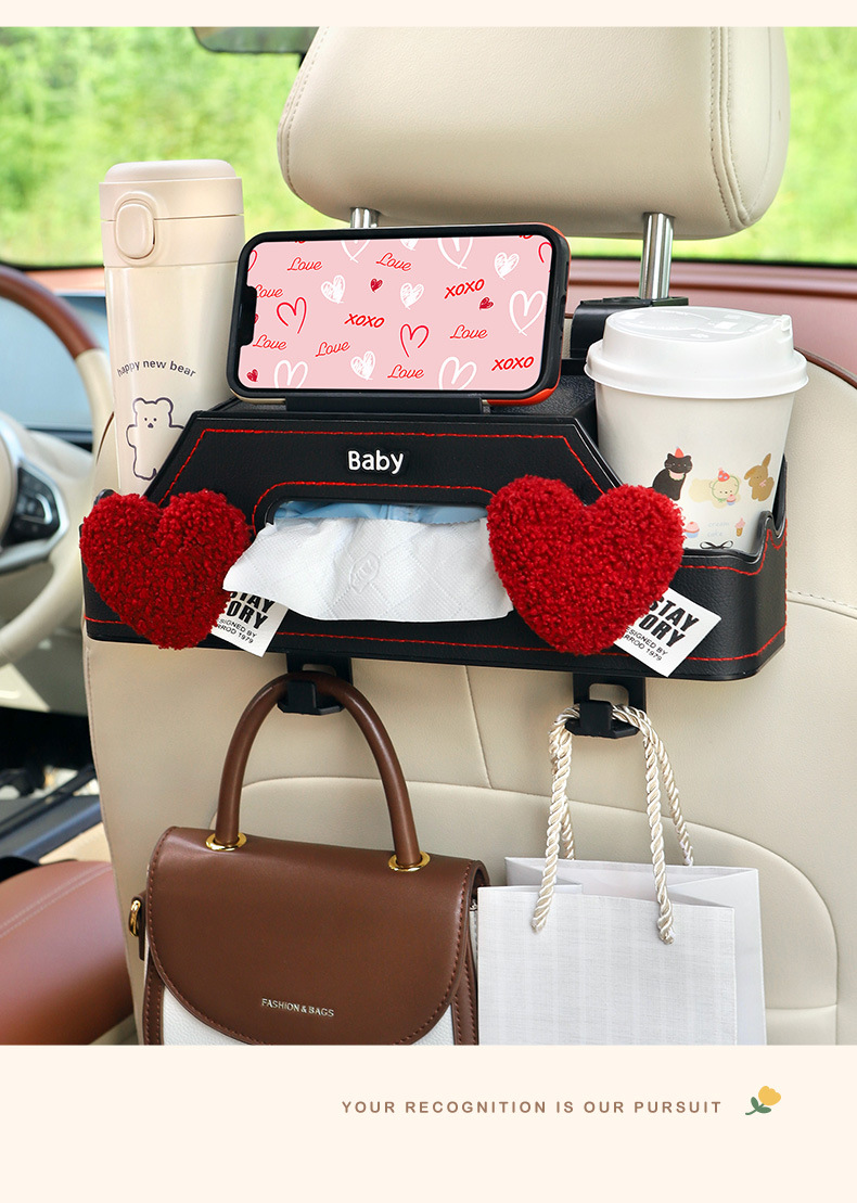Car Tissue Box Car Seat Back Multi-Functional Storage Box Cartoon Cute Rear Storage Rack Water Cup Holder for Women