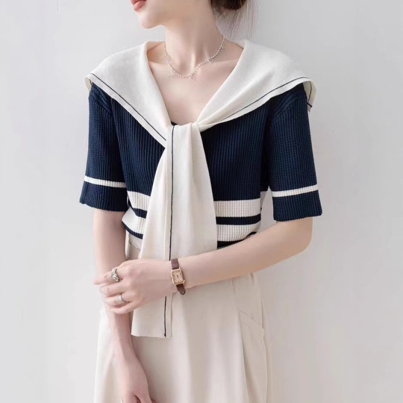Blue Navy Collar Stripesd Knitwear Short-Sleeved Women's 2025 New Summer Thin Small Fragrance Design Top