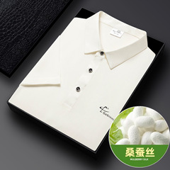 シルク半袖tシャツ男性夏の薄いファッションファッションの格好いいプリント桑シルクサテン襟poloシャツ男性