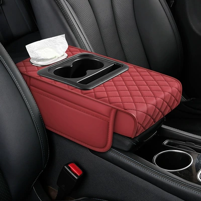 Armrest box pad with tissue box, universal car - martha-red