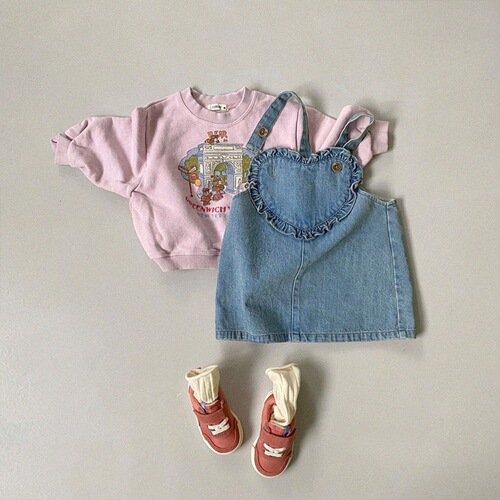 Korean children's clothing ins spring and autumn girl sweet and cute love denim suspender skirt baby vest dress