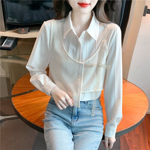 Design niche fake two-piece spliced ​​chiffon long-sleeved shirt for women 2024 spring new polo collar short top