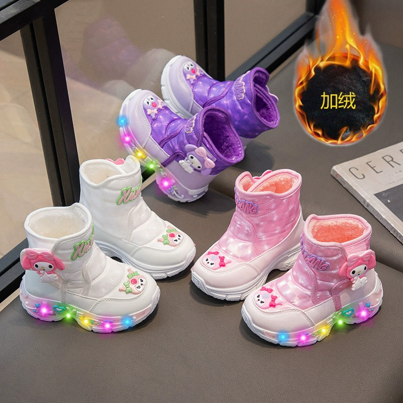 Осенние и зимние детские снежные сапоги освещены обувь принцессы плюс бархатные кожаные сапоги осенние и зимние девочки короткие сапоги куроми светится