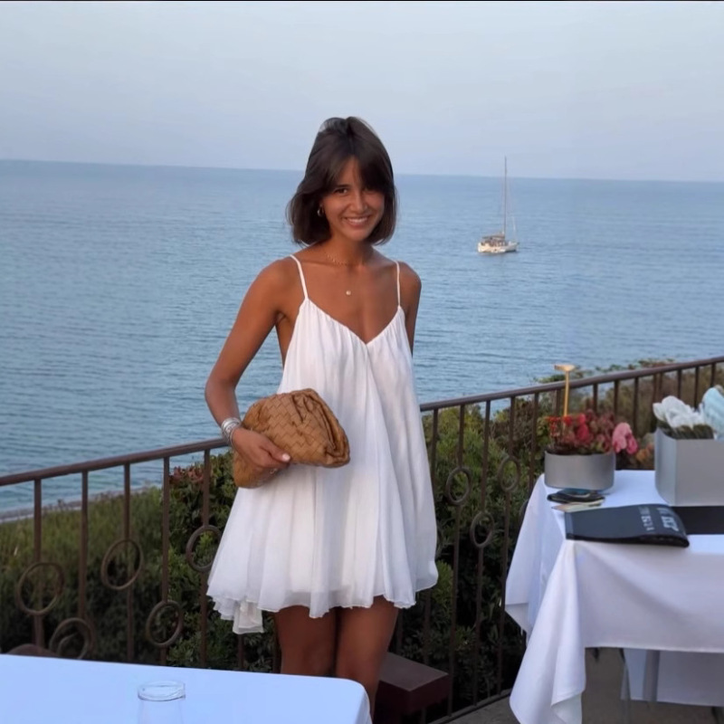 2025 Summer New French Style Seaside Vacation Fashionable All-match Large Backless Mini Sling dress