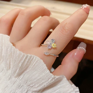 夏季新款时尚甜美百搭厚银彩色锆石四叶花开口戒精致轻奢超闪指环