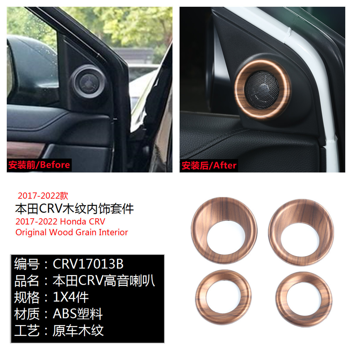Suitable for 17-21 Honda CRV Haoying peach wood grain interior steering wheel armrest box water cup trim flare ring