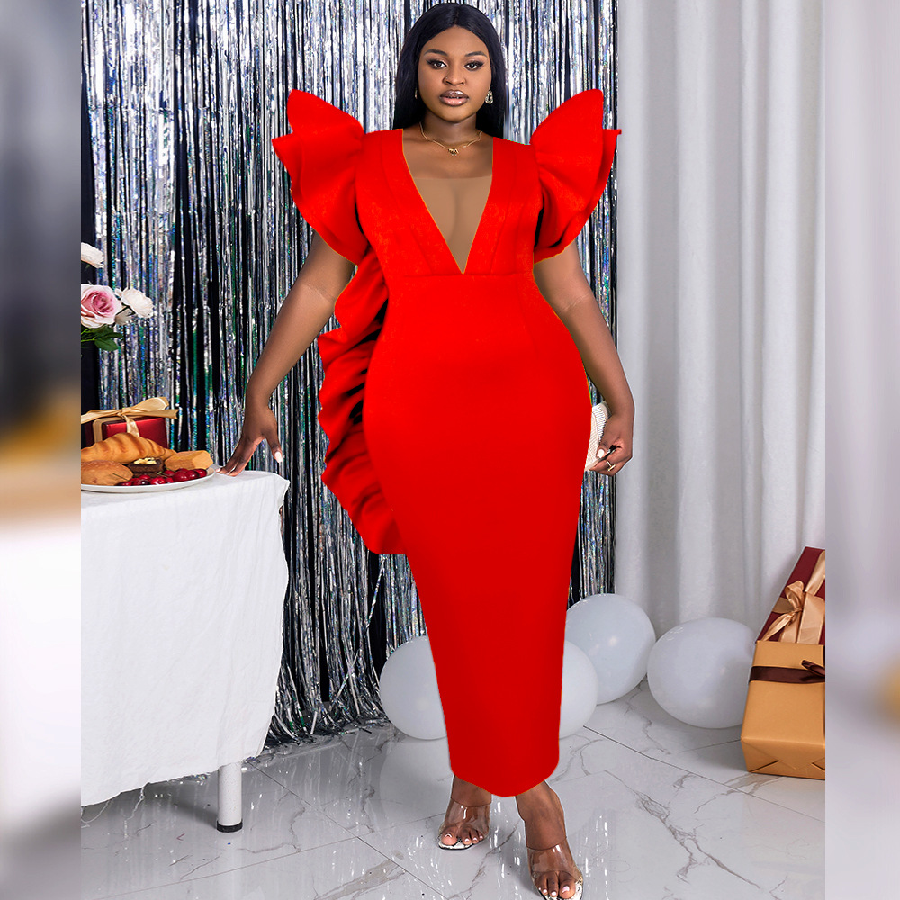 Women's Clothing deep V sexy low cut dress plus size ruffled banquet dress _voghion.com