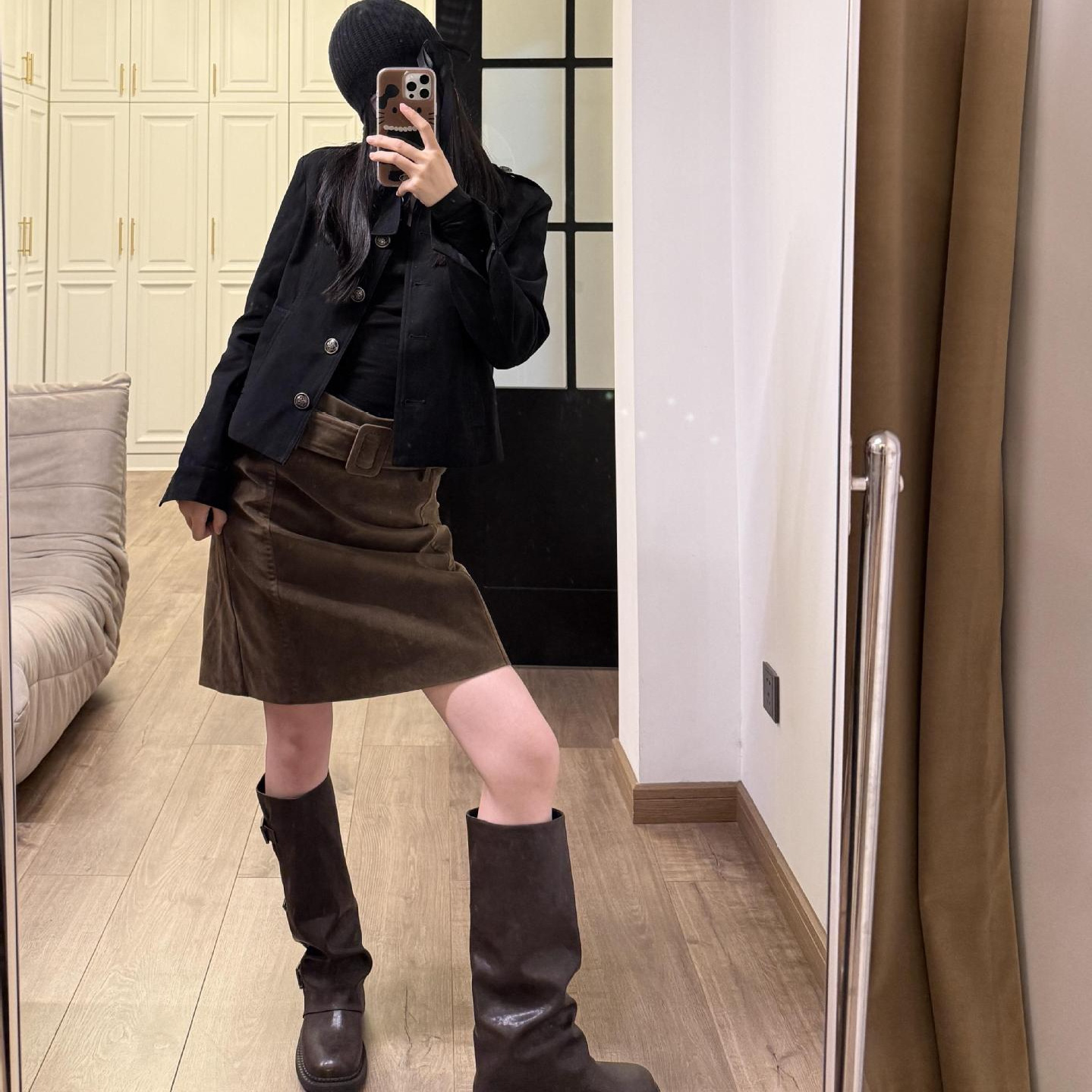 Vintage Hot Girl Melad Belt High Waist A-Line Skirt Women's Autumn Suede Commuter Versatile Straight Midi Skirt Trend