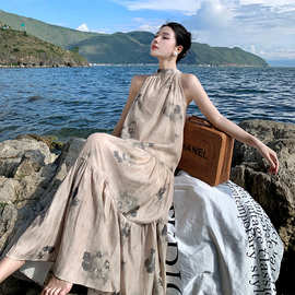 新中式水墨画吊带连衣裙女装夏季复古国风气质清冷高级感度假裙长