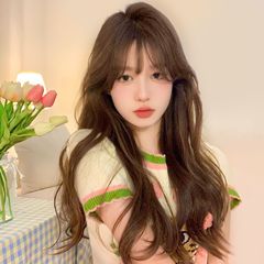 Cheng Ming Women's Honey Tea Subtle Brown Long Wavy Hair with Ventilated Summer Fashion Air Bangs Full Head Cover