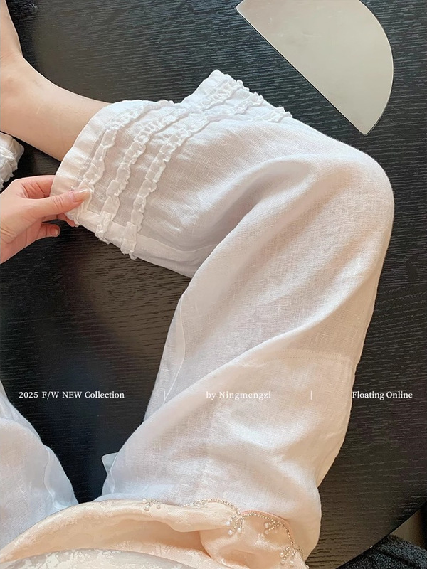 リラックスした耳付きストレートリネンカジュアルパンツ女性用2025夏新作レイジーオールマッチホワイトワイドレッグパンツ|undefined